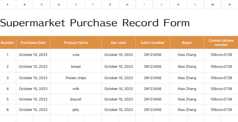 Supermarket purchase record sheet 1